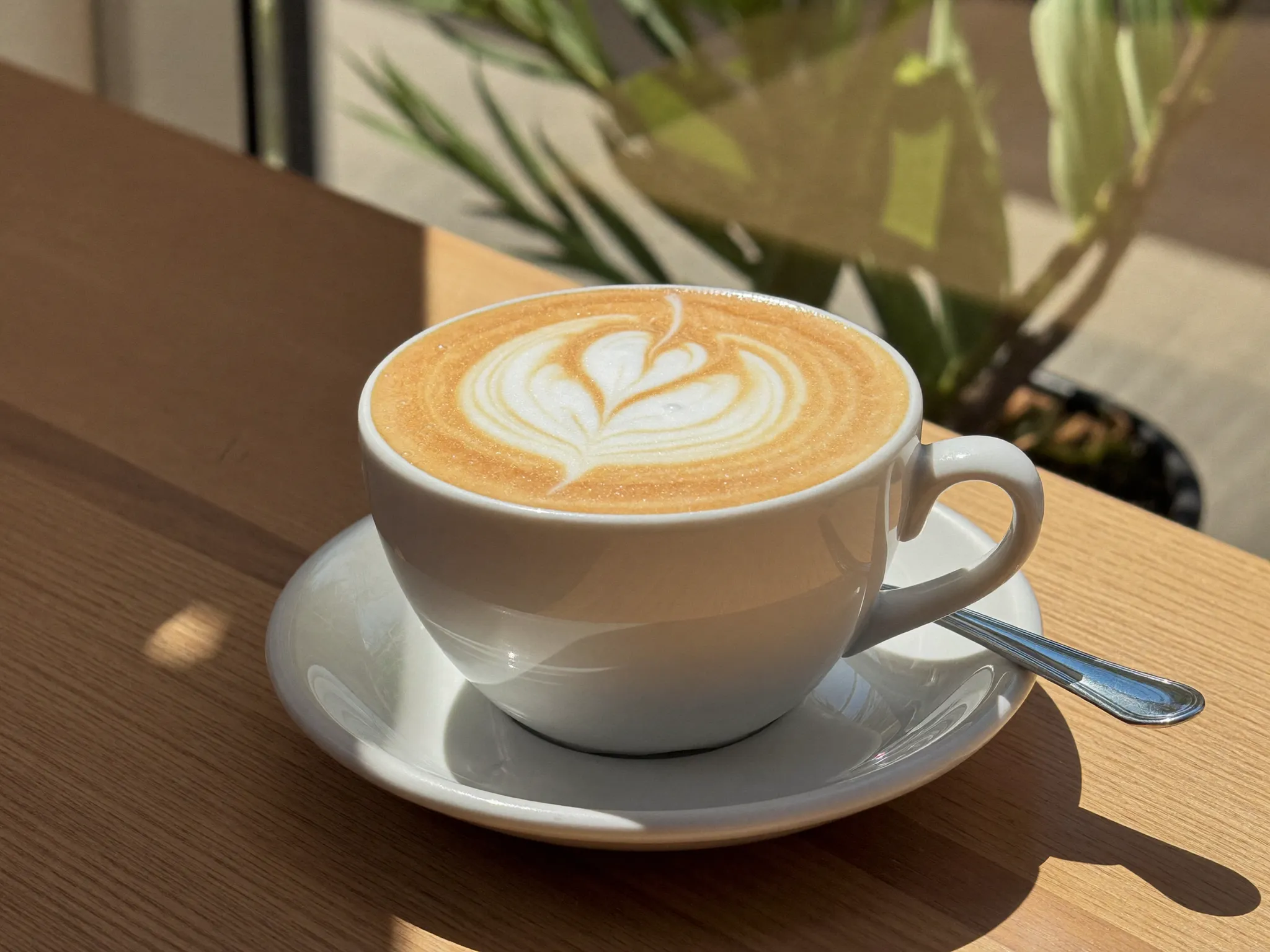 Nahaufnahme eines Frühstücksbrettchens mit Brot, Ei und Kaffee auf einem Holztisch im Café Morgenrund