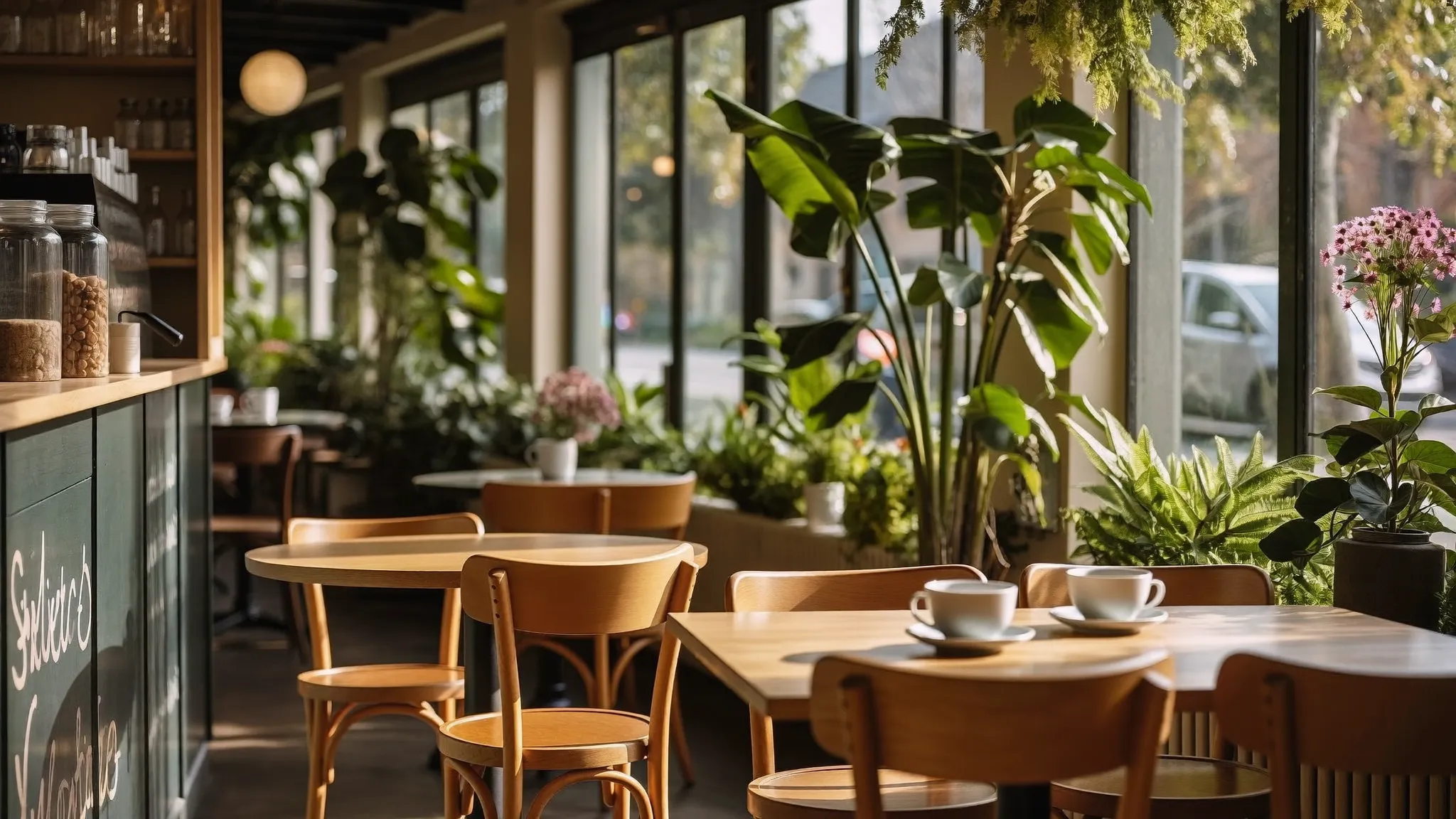 Lichtdurchfluteter Gastraum des Café Morgenrund mit Holztischen, Pflanzen und dampfenden Kaffeetassen