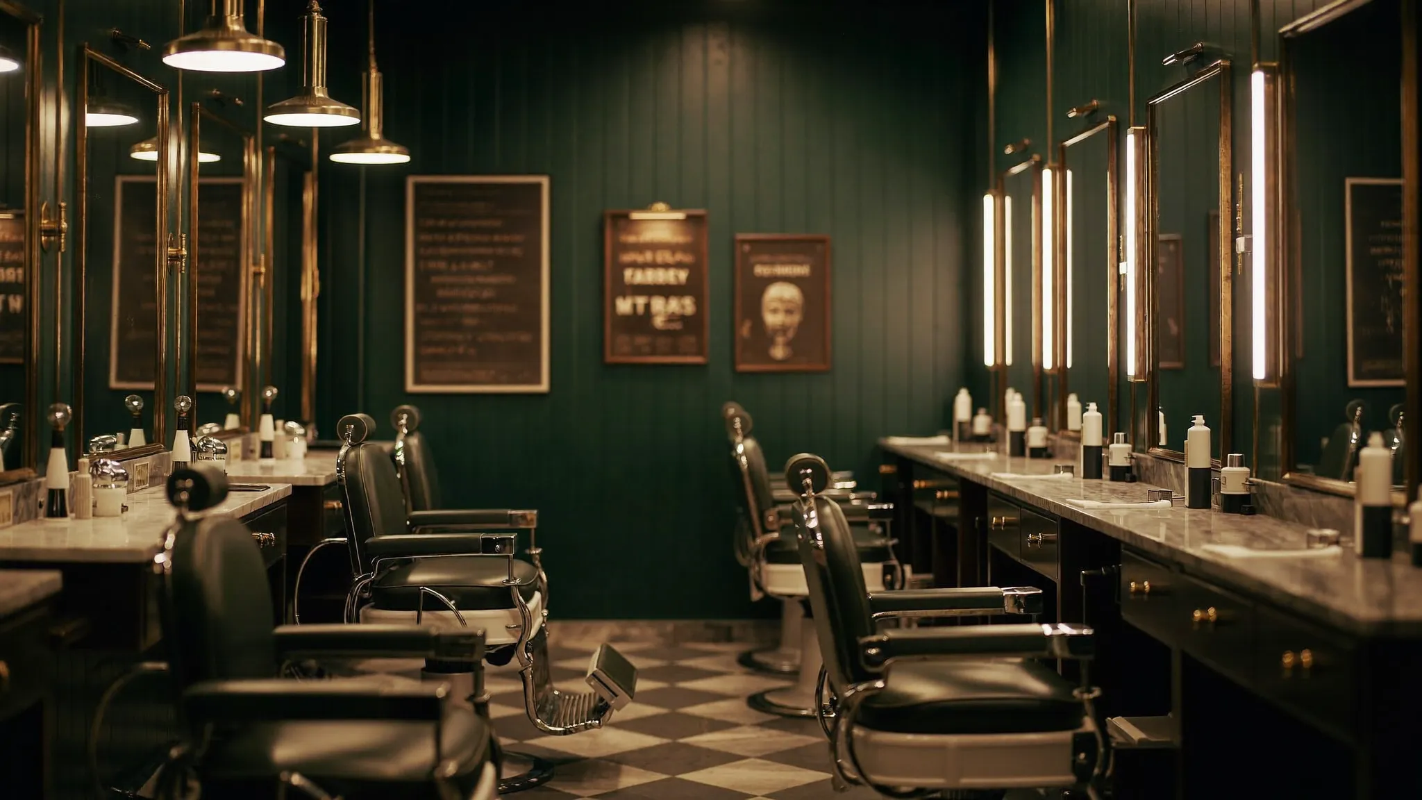 Dunkler Salon von Barbershop Steinfade: Lederstühle, Messing-Details und warmes Licht