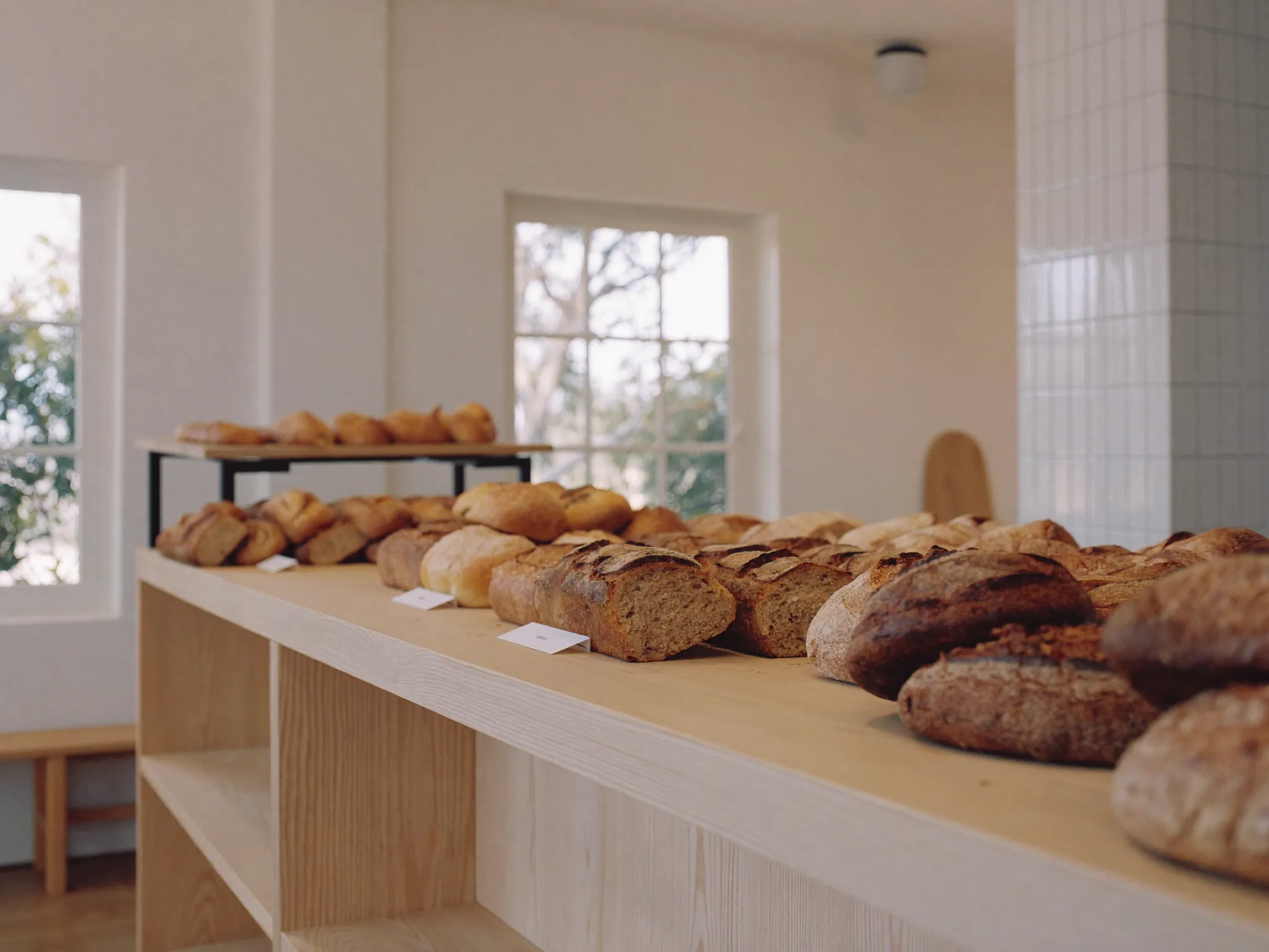 Frische Brotlaibe auf heller Holztheke im Morgenlicht