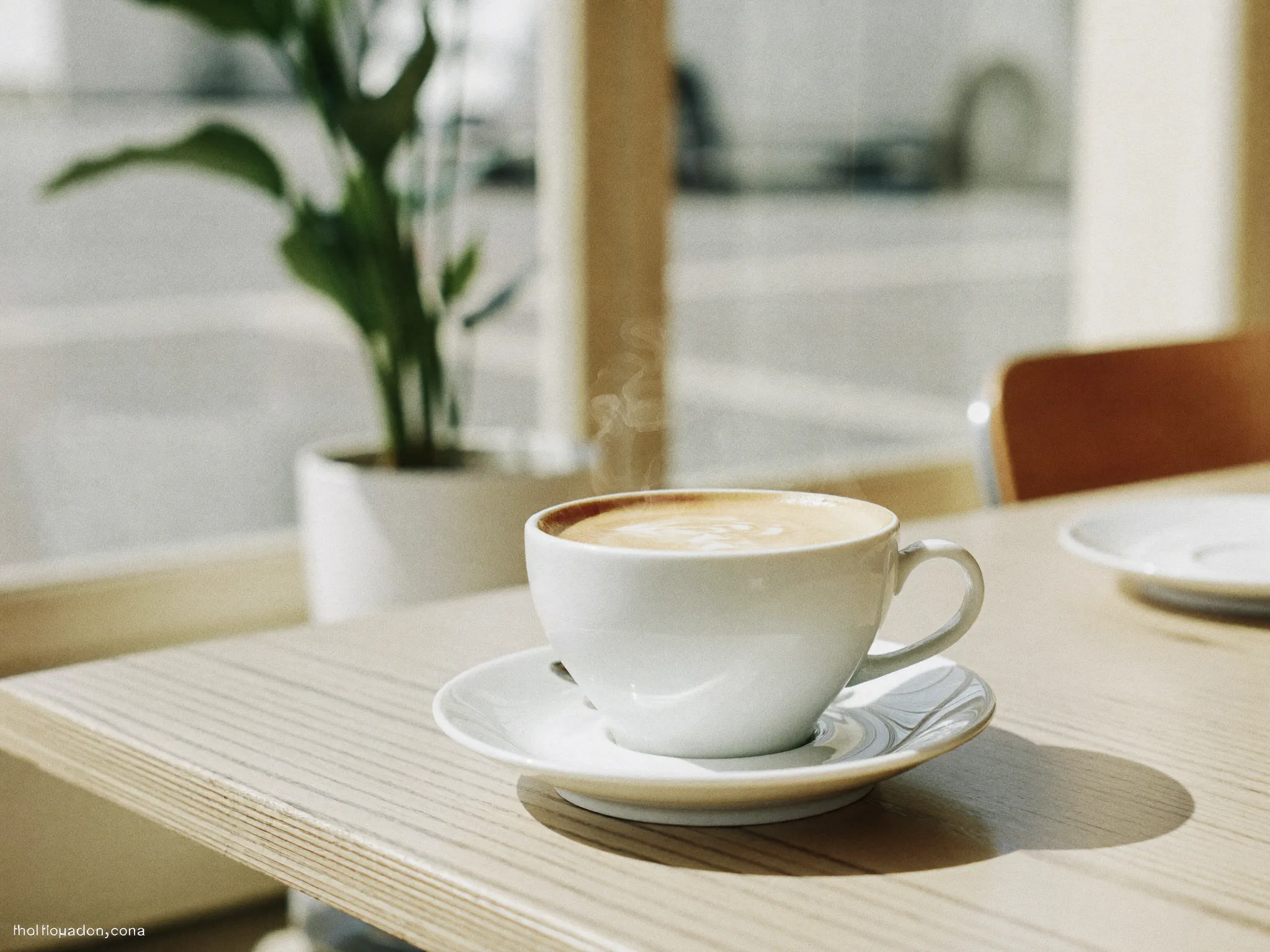 Cappuccino auf hellem Holztisch am sonnigen Fenster
