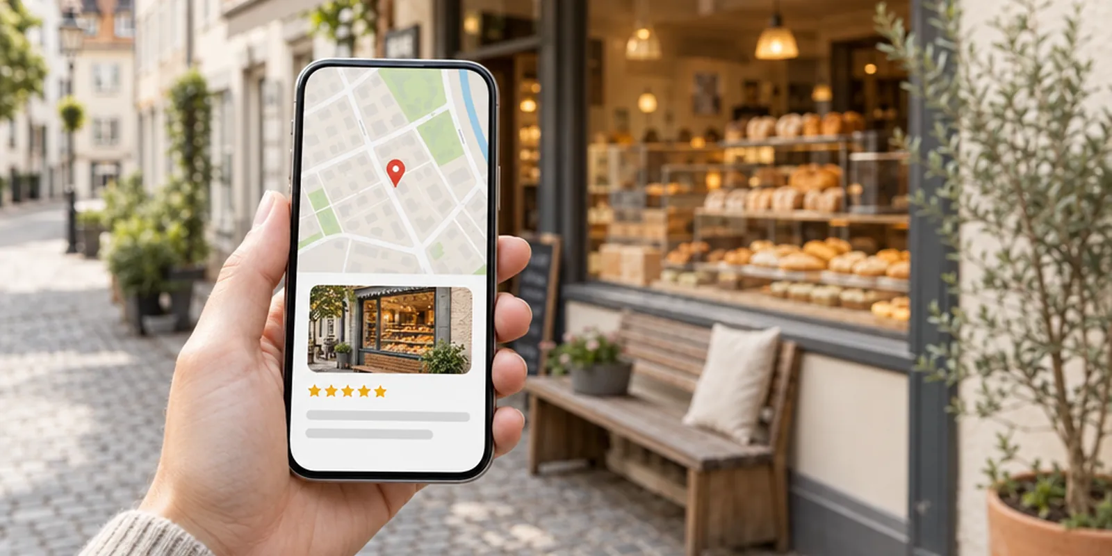Handy mit Kartenansicht und Firmeneintrag vor einer Bäckerei