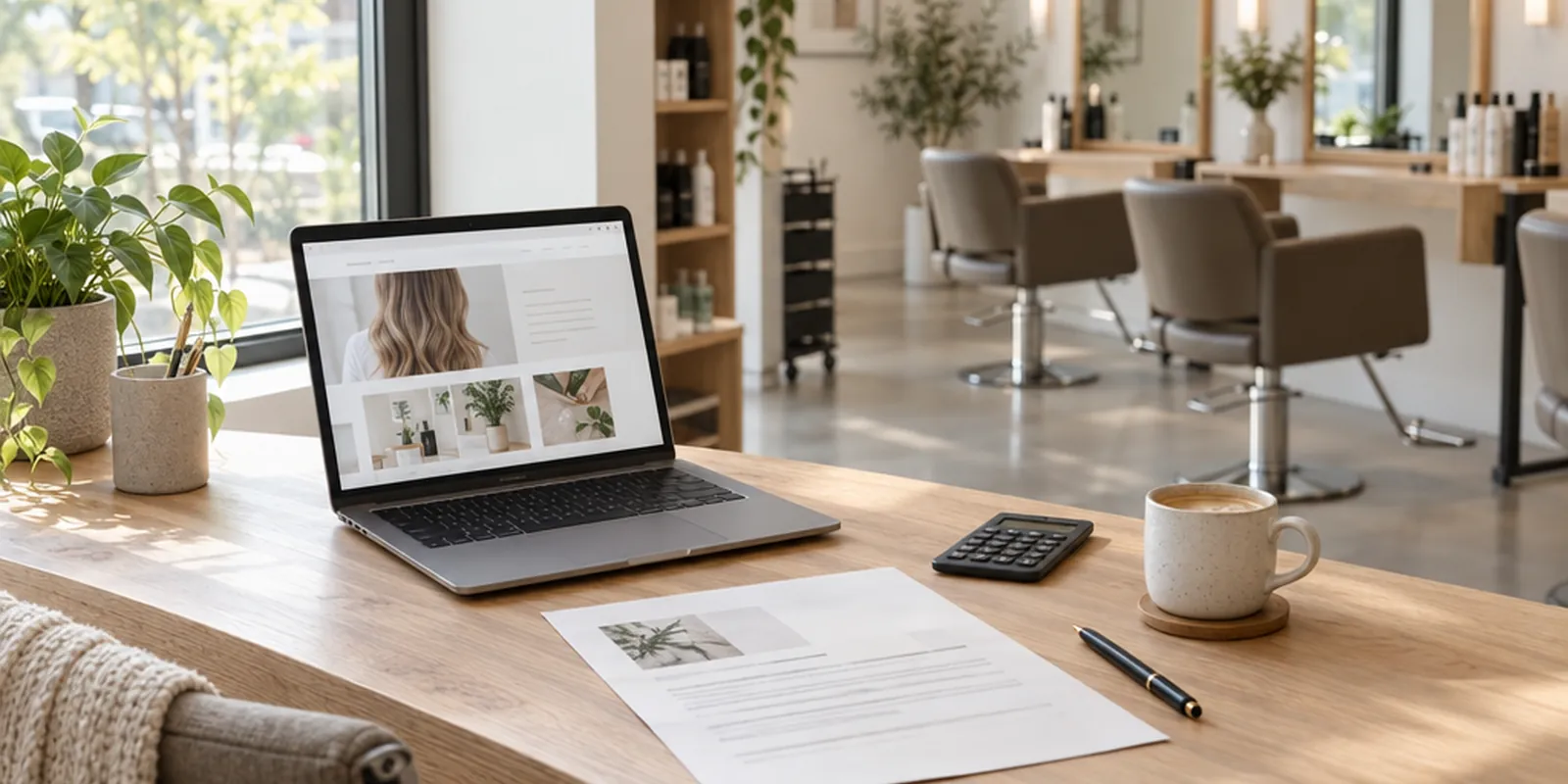 Schreibtisch in einem Friseursalon mit Laptop, Angebot und Taschenrechner
