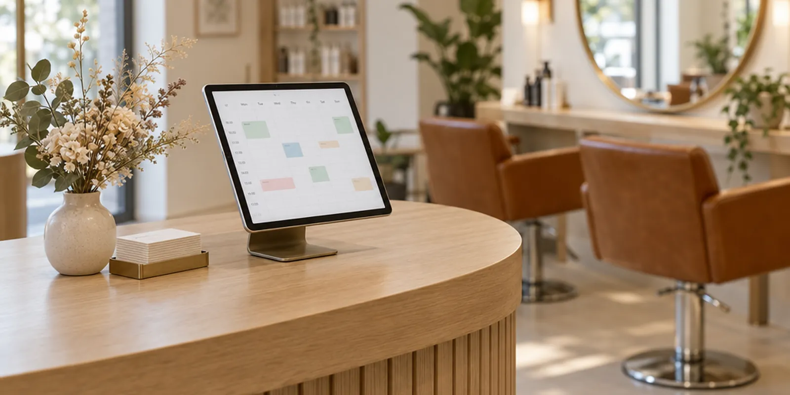 Tablet mit Terminkalender am Empfang eines Friseursalons