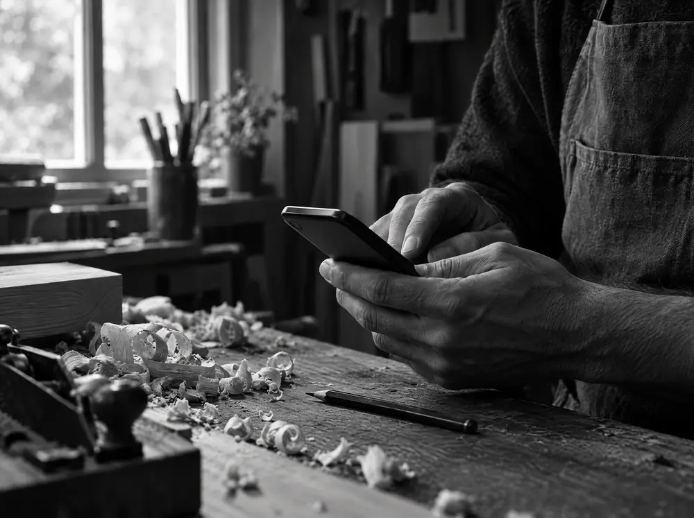 Handwerker schreibt in seiner Werkstatt eine Nachricht auf dem Handy