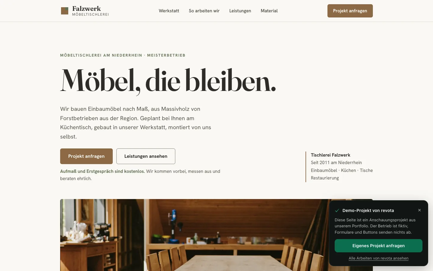Startseite der Demo-Website „Tischlerei Falzwerk · Niederrhein"