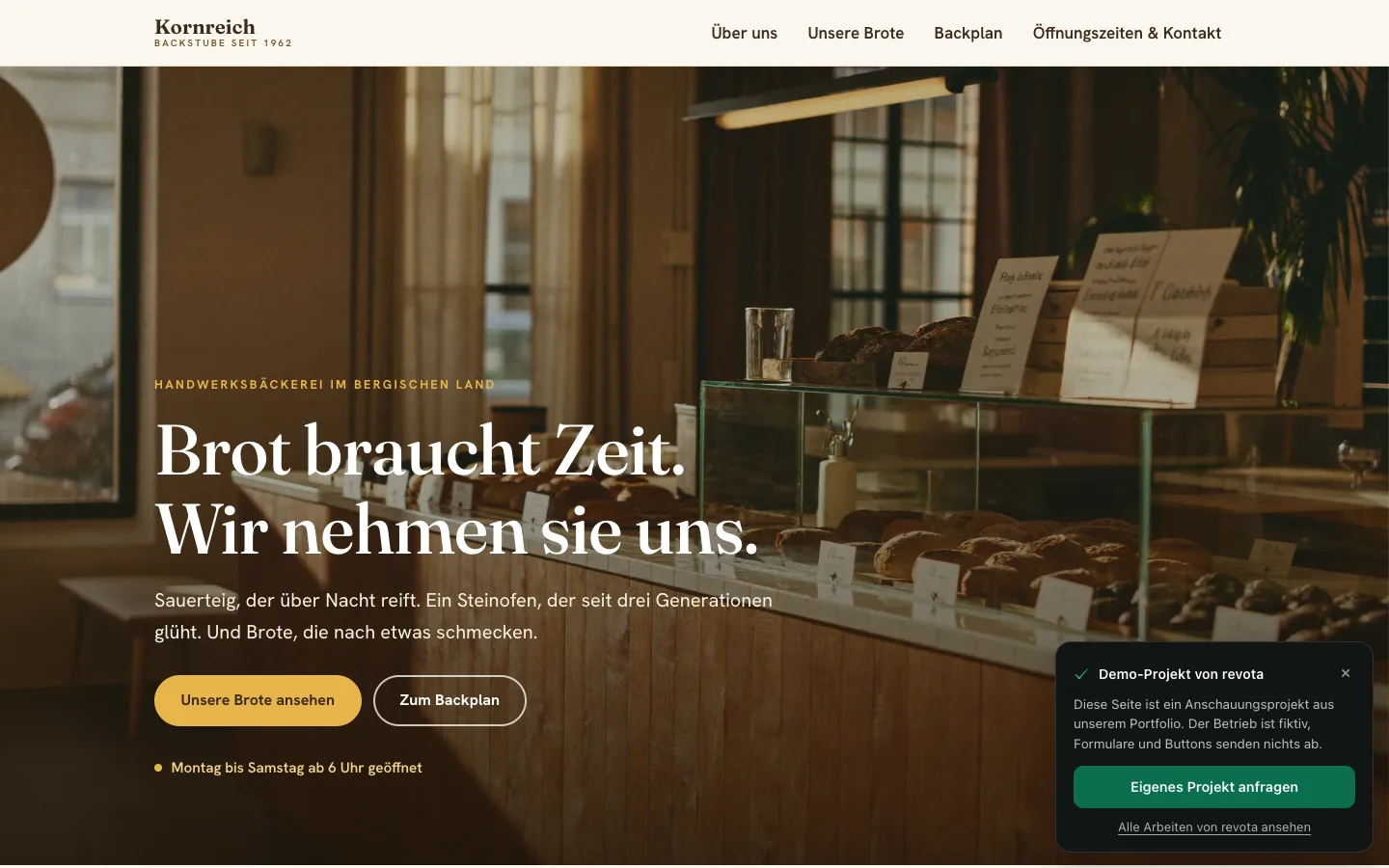 Startseite der Demo-Website „Backstube Kornreich · Bergisches Land"