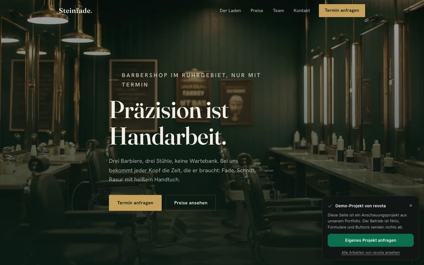 Startseite der Demo-Website „Barbershop Steinfade · Ruhrgebiet"
