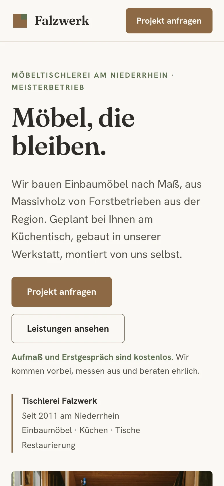 Mobile Ansicht der Tischlerei-Demo Falzwerk