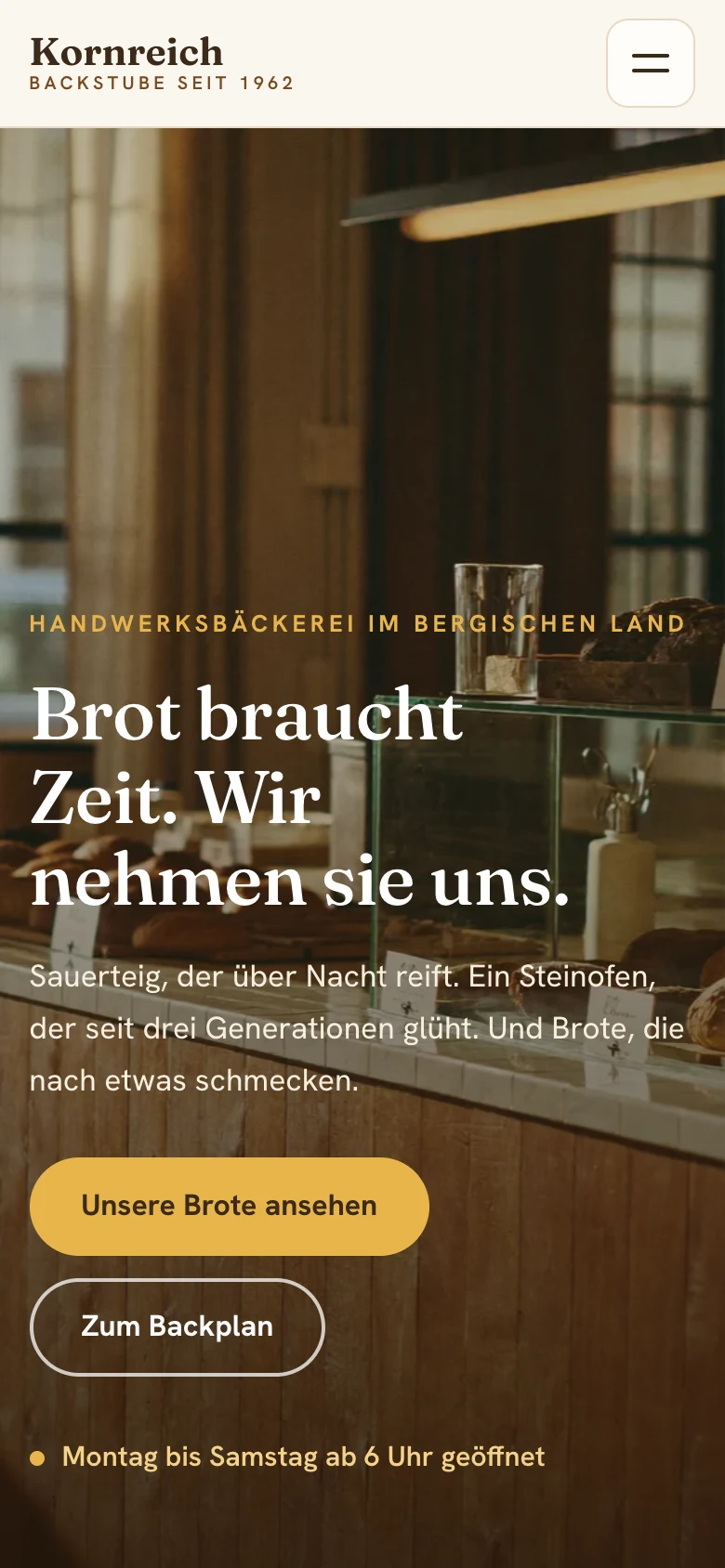 Handy-Ansicht unserer Konzept-Demo für die Bäckerei Kornreich
